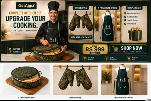 Premium Pack of 3 Kitchen Set 1 Parachute Apron 1 Pair Oven Gloves 1 Rooti Bag