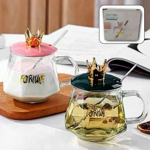 Crown Glass Mug with LID and Spoon