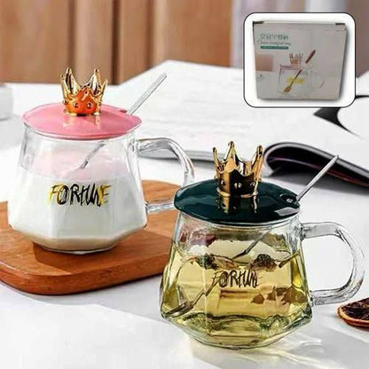 Crown Glass Mug with LID and Spoon