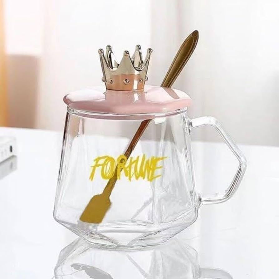 Crown Glass Mug with LID and Spoon