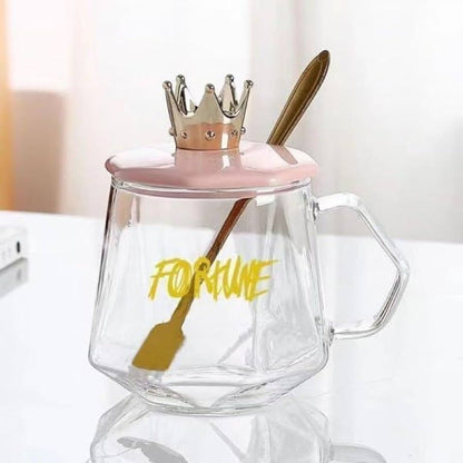 Crown Glass Mug with LID and Spoon